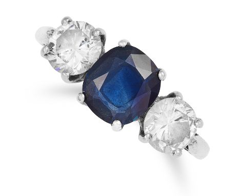 SAPPHIRE AND DIAMOND THREE STONE RING set with a cushion cut sapphire of approximately 1.28 carats between two round cut diam