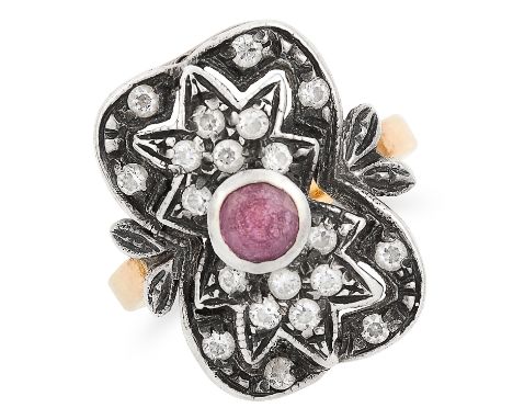 ANTIQUE RUBY AND DIAMOND RING set with a round cut ruby in an open border of round cut diamonds, size I / 4, 5.3g.
