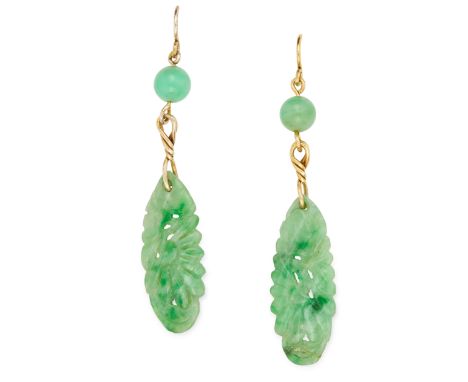 CARVED JADE EARRINGS each set with a jade bead suspending a carved piece of jade, 6.1cm, 4.8g.