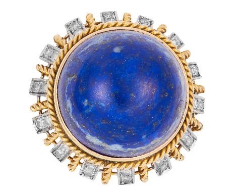 VINTAGE LAPIS LAZULI AND DIAMOND RING set with a circular lapis lazuli cabochon of 29.69 carats and single cut diamonds total