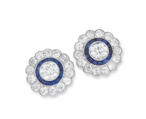 2.25 CARAT DIAMOND AND SAPPHIRE CLUSTER EARRINGS in Art Deco design, each set with round cut diamonds totalling approximately