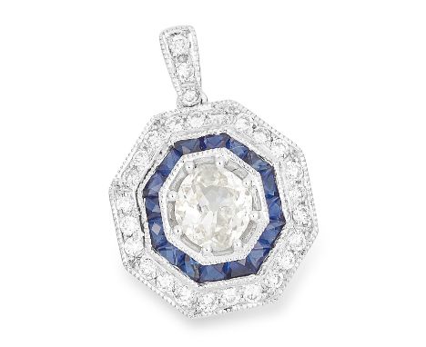 SAPPHIRE AND DIAMOND TARGET PENDANT set with an old cut diamond in a border of step cut sapphires and round cut diamonds, 1.7