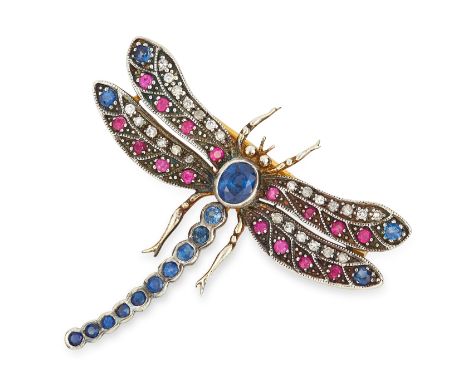 SAPPHIRE, RUBY AND DIAMOND DRAGONFLY BROOCH set with oval and round cut sapphires, rubies and diamonds, 4.0cm, 3.8g.