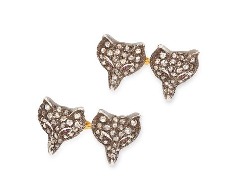 RUBY AND DIAMOND FOX CUFFLINKS each foxes head set with round cut rubies and rose cut diamonds, 6.6g.