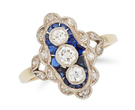 ANTIQUE SAPPHIRE AND DIAMOND RING in Art Deco design, set with round cut diamonds and step cut sapphires, size P / 7.5, 3.3g.