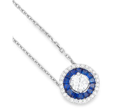 SAPPHIRE AND DIAMOND TARGET PENDANT set with a round cut diamond in a border of step cut sapphires and round cut diamonds, 4.