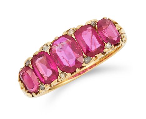 ANTIQUE UNHEATED RUBY AND DIAMOND RING set with five oval cushion cut rubies totalling approximately 4.00 carats with diamond
