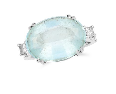 AQUAMARINE AND DIAMOND RING set with an oval cut aquamarine in a border of round cut diamonds, size O / 7, 4.9g.