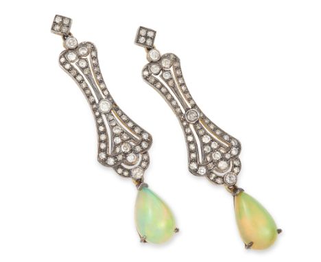 DIAMOND AND OPAL DROP EARRINGS each set with round cut diamonds suspending a cabochon opal drop, 4.6cm, 5.6g.