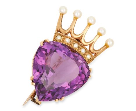 AMETHYST AND PEARL BROOCH / PENDANT set with a pear cut amethyst and seed pearls in a crown motif, 3.2cm, 7.3g.