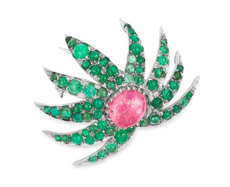 RUBY AND EMERALD BROOCH in abstract design set with a cabochon ruby and cabochon emeralds, 3.7cm, 10.6g.