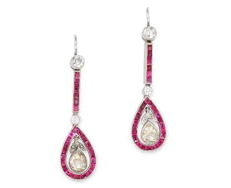 ANTIQUE 1.50 CARAT RUBY AND DIAMOND DROP EARRINGS each set round and rose cut diamonds in a border of step cut rubies totalli