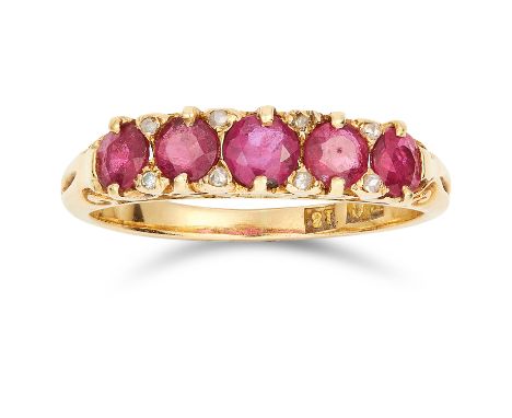 ANTIQUE UNHEATED RUBY AND DIAMOND RING CIRCA 1890 set with five cushion cut rubies totalling 0.70 carats, and rose cut diamon