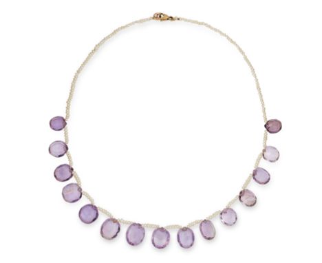 AMETHYST AND PEARL NECKLACE set with pearl beads and suspending oval cut amethyst beads, 42cm, 18.9g.