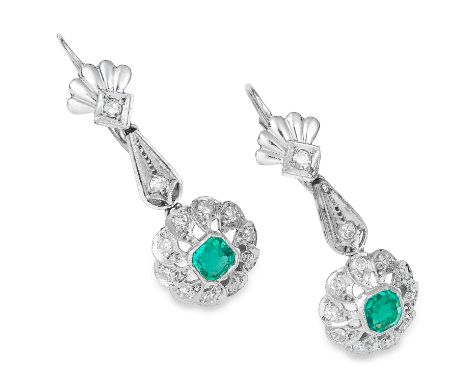 VINTAGE EMERALD AND DIAMOND EARRINGS set with emerald cut emeralds of approximately 0.40 carats, 3.8 cm, 6.2g.