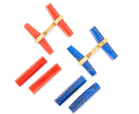 VINTAGE LAPIS LAZULI AND CORAL CUFFLINKS, CARTIER with interchangeable lapis lazuli and coral batons connected by a gold moun
