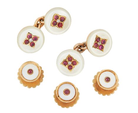 ANTIQUE MOTHER OF PEARL, RUBY AND DIAMOND CUFFLINKS AND BUTTON SET formed of polished mother of pearl set with cabochon rubie