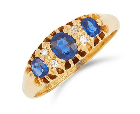 SAPPHIRE AND DIAMOND RING set with three oval cut sapphires and round cut diamonds, size P / 8, 4.4g.