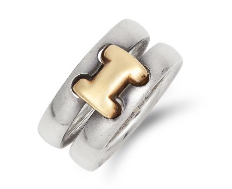 VINTAGE HERCULES RING, HERMES the two bands connected by a gold 'H' motif, signed Hermes, size M / 6, 9.3g.