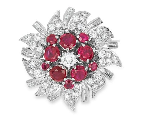 3.60 CARAT BURMA NO HEAT RUBY AND DIAMOND FLOWER BROOCH set with round cut rubies totalling 3.60 carats and round and baguett