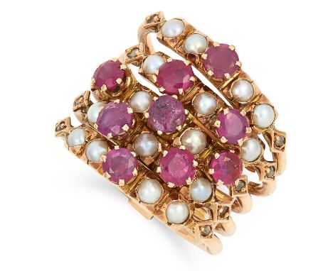 ANTIQUE RUBY AND PEARL HAREM RING, set with round cut rubies and pearls, size N / 6.5, 8.2g.