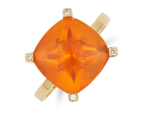 FIRE OPAL AND DIAMOND RING set with a cushion cut fire opal of 4.20 carats and round cut diamonds, size N / 7, 4.3g.