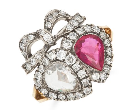 BURMA NO HEAT RUBY AND DIAMOND SWEETHEART RING set with a pear cut ruby of approximately 1.00 carats with faceted and round c