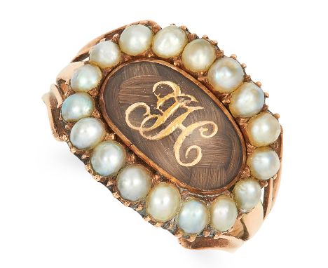 ANTIQUE HAIRWORK AND PEARL MOURNING RING CIRCA 1820 set with pearls and an oval panel of woven hairwork overlaid with initial