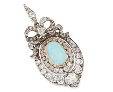 ANTIQUE OPAL AND DIAMOND BROOCH, 19TH CENTURY set with a cabochon opal in a border of old and rose cut diamonds totalling app