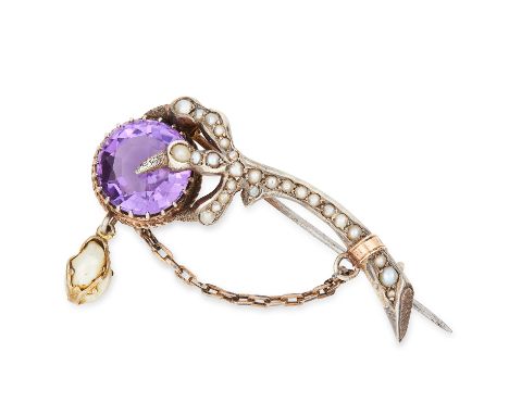 ANTIQUE AMETHYST AND PEARL BROOCH set with seed pearls and a round cut amethyst, 5.3cm, 8.6g.