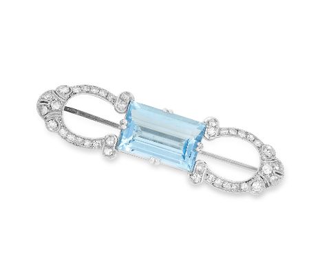 ANTIQUE AQUAMARINE AND DIAMOND BROOCH set with a step cut aquamarine of 6.70 carats accented by single cut diamonds, 5.2cm, 8