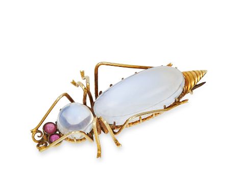 ANTIQUE MOONSTONE AND RUBY BUG BROOCH set with cabochon rubies and moonstone, 3.6cm, 3.8g.