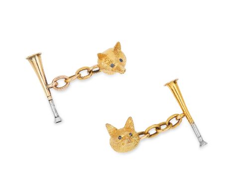 ANTIQUE SAPPHIRE HUNTING CUFFLINKS formed of fox heads jewelled with cabochon sapphires and hunting horns, 7.5g.