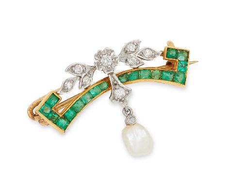 ANTIQUE NATURAL PEARL, EMERALD AND DIAMOND BROOCH set with old cut diamonds and step cut emeralds, suspending a pearl and dia