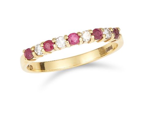 RUBY AND DIAMOND HALF ETERNITY RING set with alternating round cut rubies and diamonds, size L / 5.5, 2.0g.