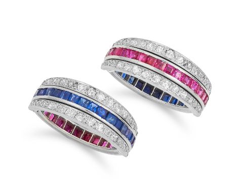 ANTIQUE RUBY, SAPPHIRE AND DIAMOND REVERSIBLE RING set with a row of step cut rubies and sapphires, and reversible round cut 