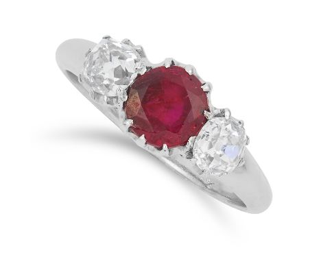 1.17 CARAT BURMA NO HEAT RUBY AND DIAMOND RING set with a round cut ruby of 1.17 carats between two old cut diamonds totallin