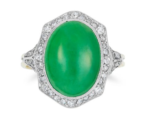 ART DECO JADE RING, set with a cabochon jade within a border of diamonds, size N / 6.5, 3.9g. Accompanied by a gemological re