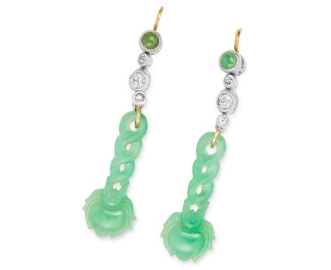 JADEITE JADE AND DIAMOND DROP EARRINGS each set with a cabochon jadeite jade suspending old cut diamonds and a carved jadeite
