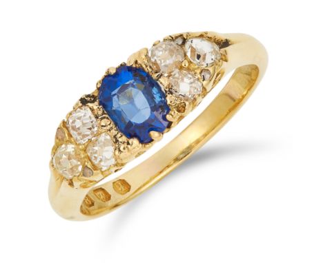 ANTIQUE SAPPHIRE AND DIAMOND RING set with an oval cut sapphire between old cut diamonds, size K / 5, 3.3g.
