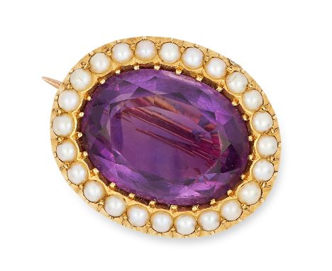 ANTIQUE AMETHYST AND PEARL BROOCH set with an oval cut amethyst in a border of seed pearls, 2.2cm, 6.6g.