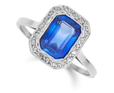 ANTIQUE SYNTHETIC SAPPHIRE AND DIAMOND RING set with an emerald cut synthetic sapphire and rose cut diamonds, size R / 8.5, 3