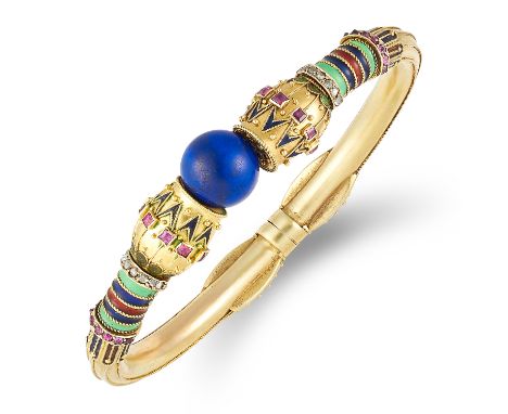 LAPIS LAZULI, RUBY, DIAMOND AND ENAMEL BANGLE set with a lapis lazuli ball, square and rose cut rubies, rose cut diamonds and