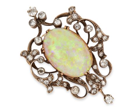 ANTIQUE OPAL AND DIAMOND PENDANT CIRCA 1870 set with an oval cabochon opal of 19.63 carats and old cut diamonds totalling 1.9