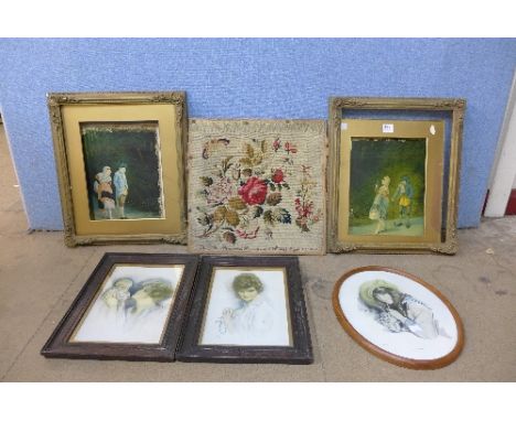 A Victorian woolwork tapestry by Mary Ann Bloodworth, 1843 and assorted prints