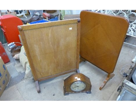 A fire screen, folding table and a Garrard mantel clock