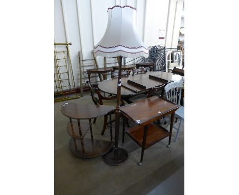 A teak trolley, mahogany demi lune table and standard lamp