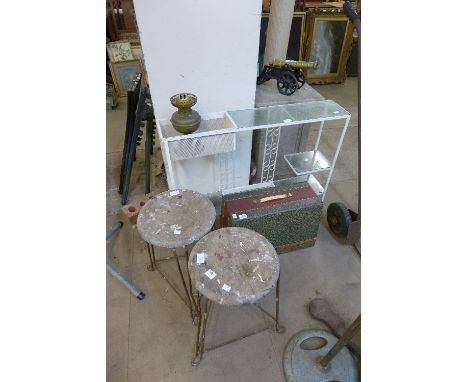 A sewing machine, jardiniere stand, oil lamp and two stools