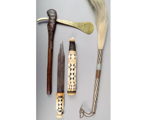 A Shona knife Zimbabwe with an iron blade and bone handle and scabbard with incised and gum filled with wood and brass wire b