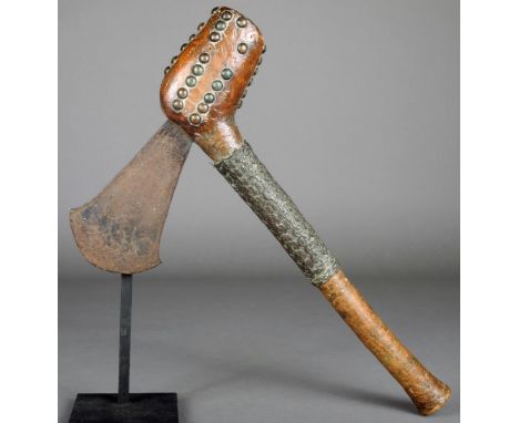 An Ila / Rotse axe Zambia wood with brass studs and fine wirework binding with a metal blade 42.5cm long.  Provenance Monika 